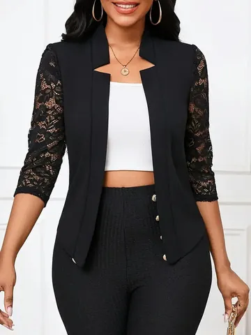 Veste Blazer Femme Coupe Slim Patchwork en Dentelle Col Montant Ouvert sur le Devant Manches 3/4 Couleur Unie Blazer Élégant