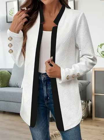Women Fashion Contrast Color Blazer Elegant Cotton Blend Top Long Sleeve Gold Cufflinks Office Suit Jacket Outerwear