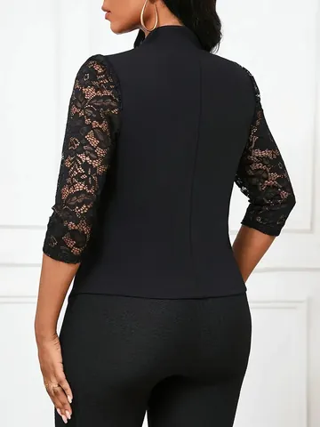 Veste Blazer Femme Coupe Slim Patchwork en Dentelle Col Montant Ouvert sur le Devant Manches 3/4 Couleur Unie Blazer Élégant