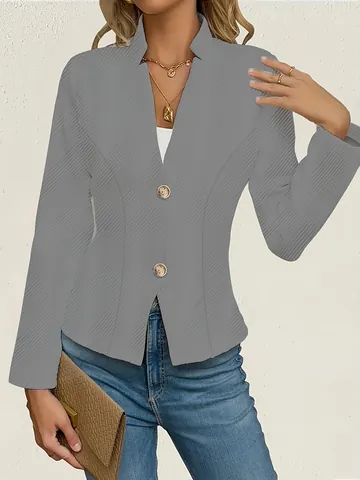 Women's Slim Fit Textured Double Button Blazer Elegant Long Sleeve Solid Color Lapel Business Casual Office Lady Suit Jacket Top