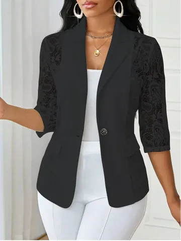 Blazer Élégant en Mousseline de Soie avec Patchwork de Dentelle pour Femme Été Fin Revers de Costume Un Bouton Coupe Ajustée Haut Manches 3/4 Veste de Bureau Femme