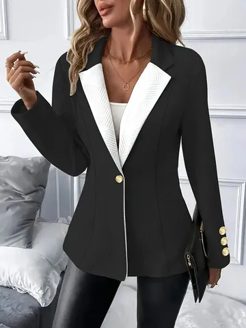 Women's Elegant Color Block Cotton Blend Blazer Slim Fit Mid-length Long Sleeve Jacket With Contrast Lapel Gold Buttons For Office Wear
