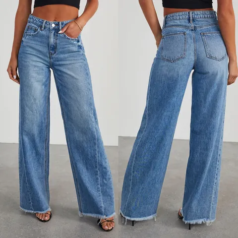 Women European American Style High Waist Wide Leg Jeans Side Seam Splicing Denim Pants Raw Hem Frayed Edge Loose Casual Trousers