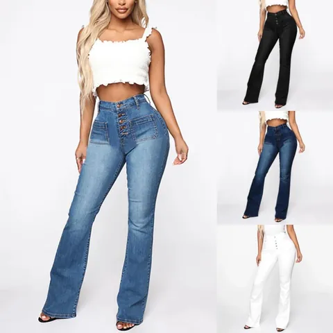 Ψηλόμεσο Τζιν Καμπάνα Γυναικεία Βαμβακερό Denim Κουμπιά Τσέπες Vintage Slim Fit Μακρύ Παντελόνι