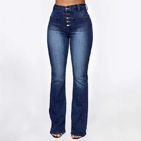 Women's High Waisted Flare Jeans Multi Button Front Patch Pocket Washed Denim Flare Pants Casual Elegant Slim Fit Bottom