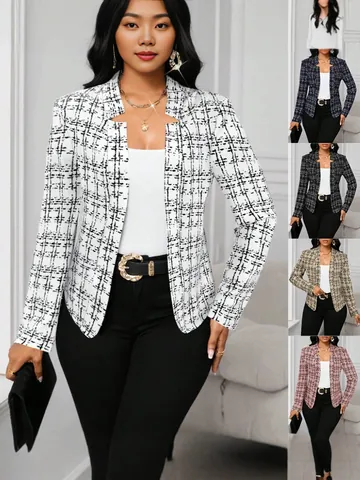 Γυναικείο Vintage Tweed Καρό Μπλέιζερ Στενή Εφαρμογή Ανοιχτό Μπροστά Ζακέτα Γραφείο Εργασία Φθινόπωρο Χειμώνας Πολυεστέρας Top