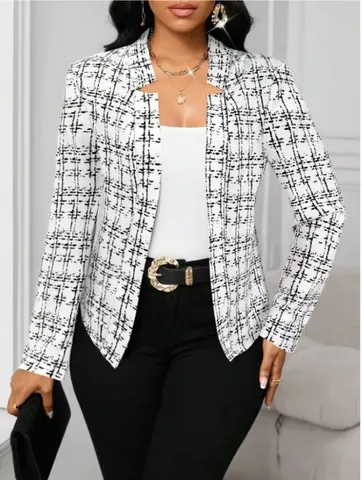 Γυναικείο Vintage Tweed Καρό Μπλέιζερ Στενή Εφαρμογή Ανοιχτό Μπροστά Ζακέτα Γραφείο Εργασία Φθινόπωρο Χειμώνας Πολυεστέρας Top