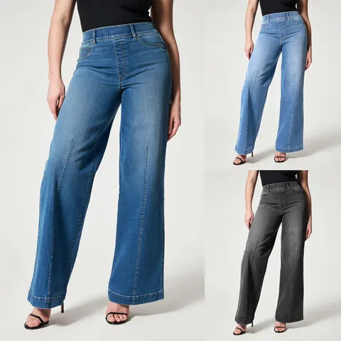 Women's Fashion Wide Leg Jeans High Elastic Waist Washed Denim Loose Casual Mid Rise Pants With Front Seam Detail Bottom