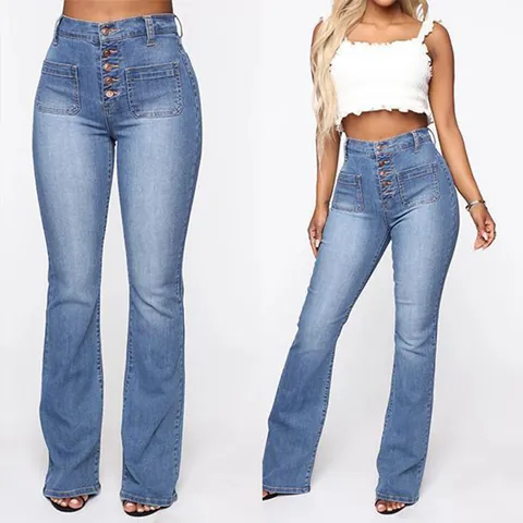 Vaqueros de Campana de Talle Alto para Mujer Bragueta con Botones Bolsillos de Parche Pantalones de Mezclilla Lavados Pantalones Elásticos Casuales