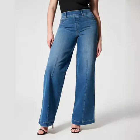 Women's Fashion Wide Leg Jeans High Elastic Waist Washed Denim Loose Casual Mid Rise Pants With Front Seam Detail Bottom