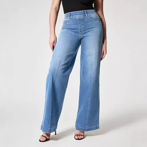 Women High Waisted Wide Leg Jeans Stretchy Cotton Blend Washed Denim Pants With Front Seam Vertical Crease Casual Trousers