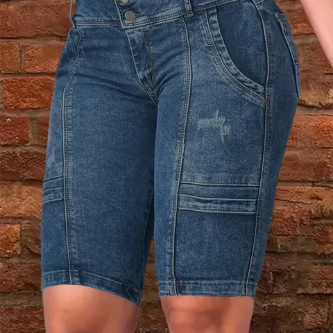 Women Slim Fit Mid Length Denim Shorts High Waist Patchwork Casual Stretchy Jeans Bottom Navy Blue Shorts Clothing