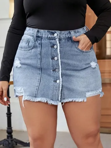 Women's Plus Size High Waisted Denim Mini Skirt Ripped Distressed Frayed Raw Hem A-Line Jean Skirt Cotton Blend Denim Skirt