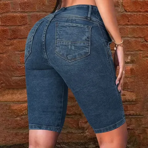 Women Slim Fit Mid Length Denim Shorts High Waist Patchwork Casual Stretchy Jeans Bottom Navy Blue Shorts Clothing