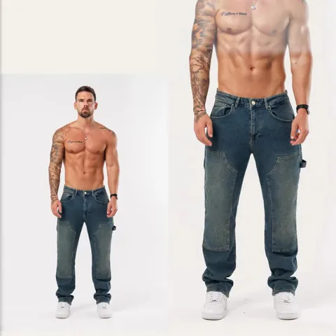 Men Patchwork Jeans Loose Fit Straight Leg Washed Streetwear Pants Casual Cargo Denim Trousers For Men Fashion