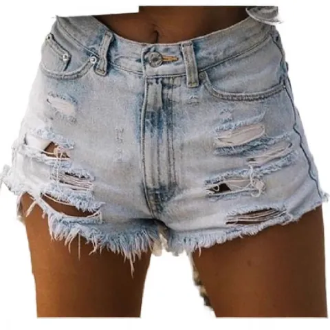 Women Fashion High Waist Ripped Denim Shorts Cotton Distressed Fringed Hem Light Blue Casual Summer Shorts Plus Size Hot Pants