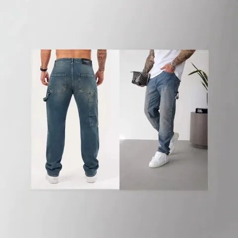 Men Patchwork Jeans Loose Fit Straight Leg Washed Streetwear Pants Casual Cargo Denim Trousers For Men Fashion
