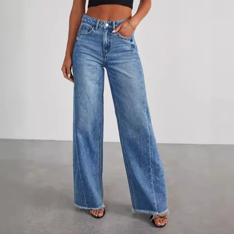 Women European American Style High Waist Wide Leg Jeans Side Seam Splicing Denim Pants Raw Hem Frayed Edge Loose Casual Trousers