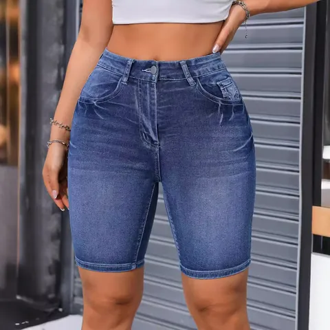 Short en Jean Brodé Ajusté pour Femme Taille Haute Élastique Bermuda Denim Lavé en Coton Mode Vêtements