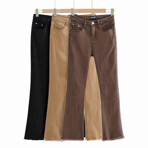Vaqueros Acampanados De Cintura Alta Retro Para Mujer Ajustados Pantalones De Mezclilla De Algodón Elástico Con Dobladillo Deshilachado