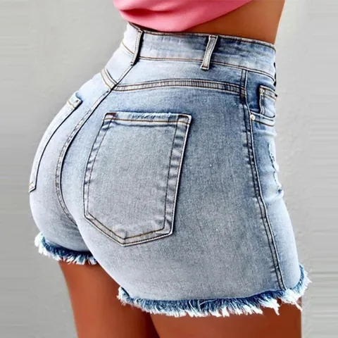 Women High Waist Distressed Denim Shorts Raw Hem Frayed Fringe Summer Hot Pants Casual Cotton Spandex Jean Bottoms