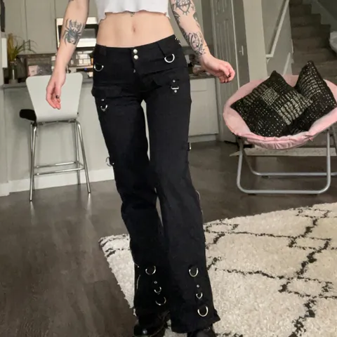 Dames High Street Flared Jeans Met Lage Taille Punk Stijl Wijde Pijpen Denim Broek Metalen Ringen Ritsen Zwart