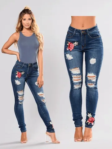 Women's Casual Ripped Skinny Jeans With Rose Flower Embroidery Distressed Denim Long Pencil Trousers For Daily Streetwear