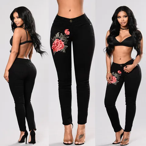 Women's Casual Ripped Skinny Jeans With Rose Flower Embroidery Distressed Denim Long Pencil Trousers For Daily Streetwear