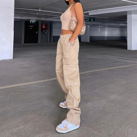 Jeans Cargo de Cintura Alta para Mujer Multibolsillos Pantalones Denim de Pierna Recta Streetwear Moda Pantalones de Algodón Sueltos para Mujer