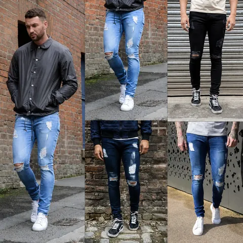Men Skinny Ripped Jeans Distressed Slim Fit Denim Pants Washed Faded Pencil Trousers Streetwear Casual Bottom