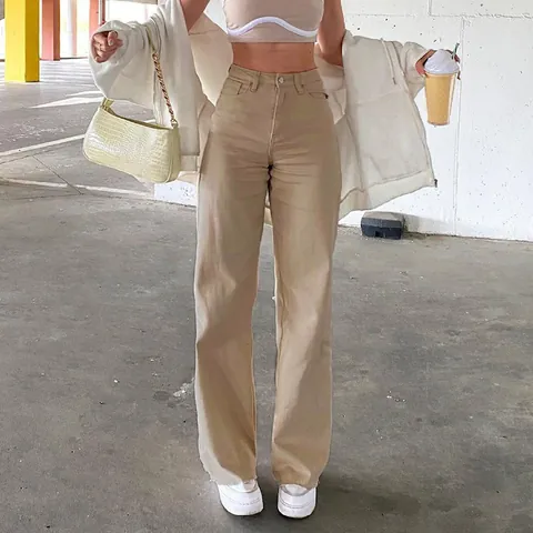Vaqueros de Cintura Alta para Mujer de Pierna Recta Color Sólido Pantalones de Mezclilla Anchos Pantalón Casual Suelto