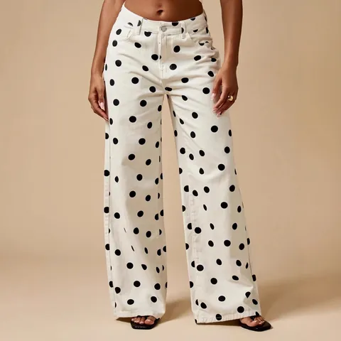 Damen Polka Dot Bedruckt Hohe Taille Weites Bein Denim Jeans Locker Gerade Hose Lässig Baumwolle Mode Hosen