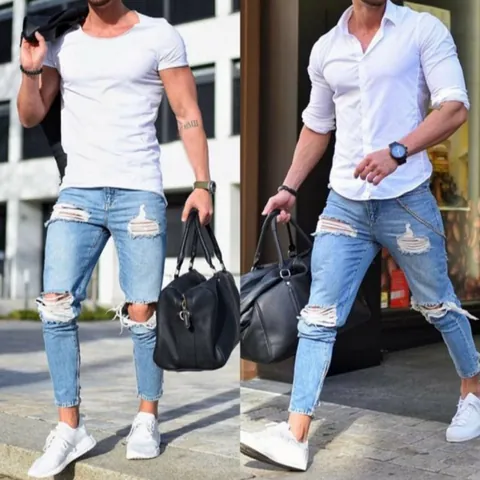 Jeans Skinny Strappati da Uomo Blu Chiaro Denim Distressed Pantaloni a Sigaretta Streetwear Slim Fit Con Cerniera alla Caviglia