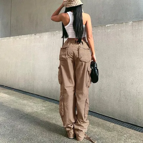 Women High Waist Cargo Jeans Lyocell Cotton Straight Wide Leg Pants Vintage Multi-Pocket Denim Trousers Baggy Streetwear Bottom