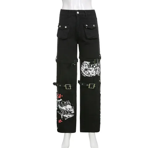 Dames Street Punk Zwarte Denim Broek Hoge Taille Rechte Pijpen Met Metalen Gespen Riemen Grafische Print Cargo