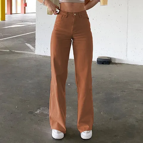 Vaqueros de Mezclilla de Pierna Recta de Cintura Alta para Mujer Ajuste Holgado Algodón Pantalones Casuales Pierna Ancha Lavado Color Sólido