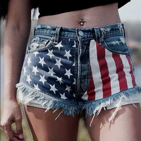 Shorts de Mezclilla de Cintura Alta con Bandera Americana para Mujer Deshilachados Rasgados Borlas Estrellas y Rayas