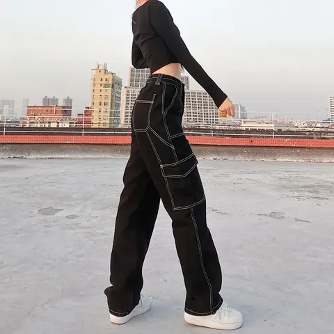 Women's High Waist Cargo Jeans Streetwear Multi-Pocket Straight Leg Denim Pants Contrast Stitching Baggy Trousers Top