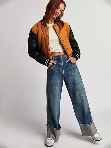 Pantalones Vaqueros para Mujer American Vintage Lavado Dobladillo Ancho Pierna Recta Cintura Media Algodón Denim Casual Streetwear
