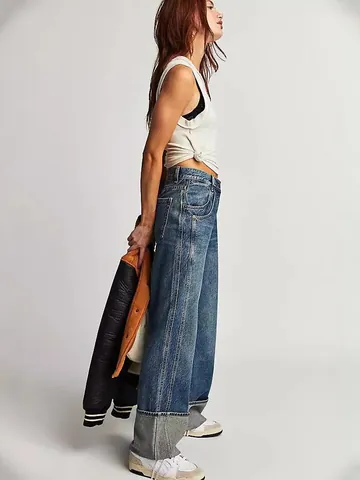 Pantalones Vaqueros para Mujer American Vintage Lavado Dobladillo Ancho Pierna Recta Cintura Media Algodón Denim Casual Streetwear