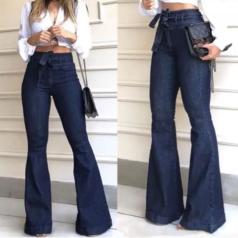 Vaqueros de Campana de Cintura Alta para Mujer con Cordones Denim de Pata Ancha Color Sólido Pantalones Largos Casuales Elásticos