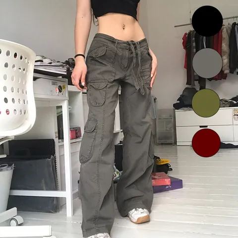 Women's Vintage Cargo Pants Retro Loose Wide Leg Straight Cotton Blend Multi-Pocket High Waist Streetwear Trousers
