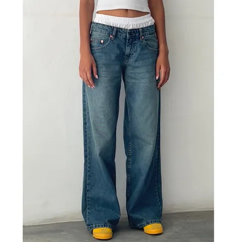 American Retro Women Low Waist Non-Stretch Washed Straight Leg Jeans Autumn Streetwear Wide Leg Cotton Denim Trousers