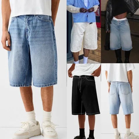 Men's Loose Denim Shorts Hip Hop Contrast Stitching Washed Cotton Knee Length Straight Leg Jeans Shorts Baggy Streetwear Bottoms