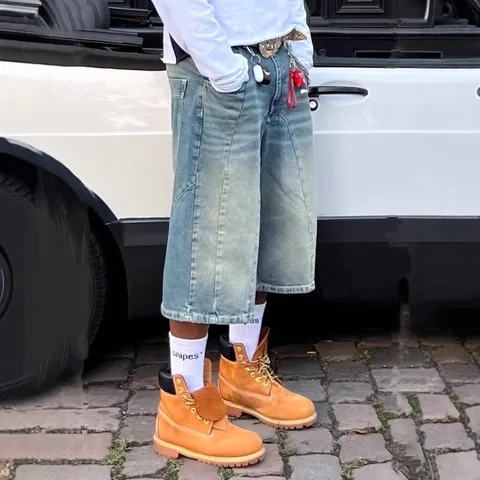 American Vintage Washed Denim Cropped Pants Men High Street Distressed Loose Wide Leg Straight Shorts Casual Baggy Jeans Bottoms