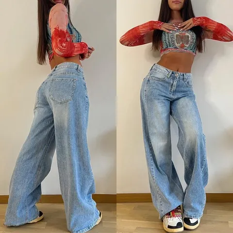 Jeans Taille Haute Jambe Large Vintage Américain pour Femmes Pantalons Droits en Denim de Coton Délavé pour Femmes Streetwear Fashion Bas