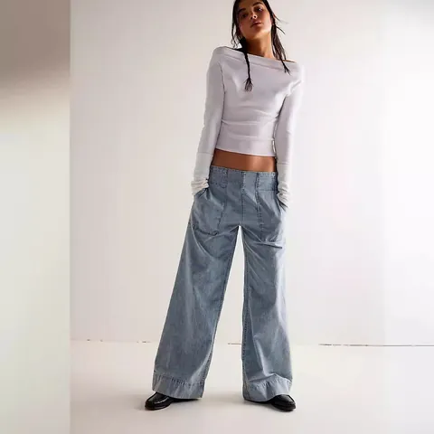 Women Low Waist Non-Stretch Wide Leg Jeans Elastic Waist Denim Baggy Pants With Large Pockets Streetwear Gothic Style