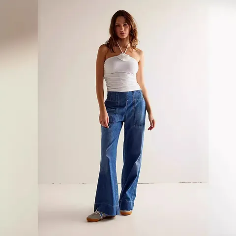 Women Low Waist Non-Stretch Wide Leg Jeans Elastic Waist Denim Baggy Pants With Large Pockets Streetwear Gothic Style