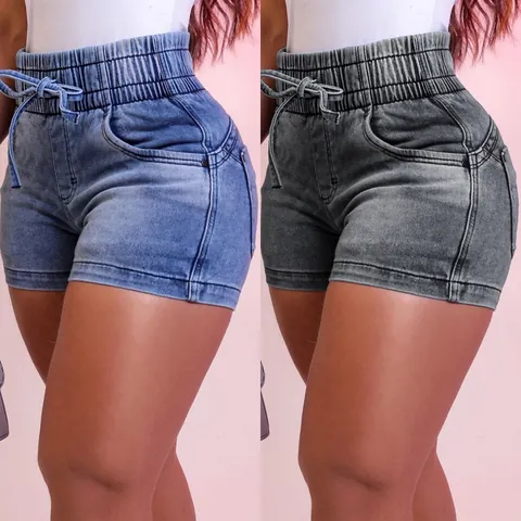 Short en Jean Taille Haute pour Femmes Coupe Ajustée Taille Élastique Cordon Été Décontracté Coton Mini Short Streetwear Bleu