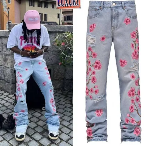 Men's Cotton Denim Embroidered Straight Leg Jeans Streetwear Distressed Cherry Blossom Floral Pattern Washed Bottom